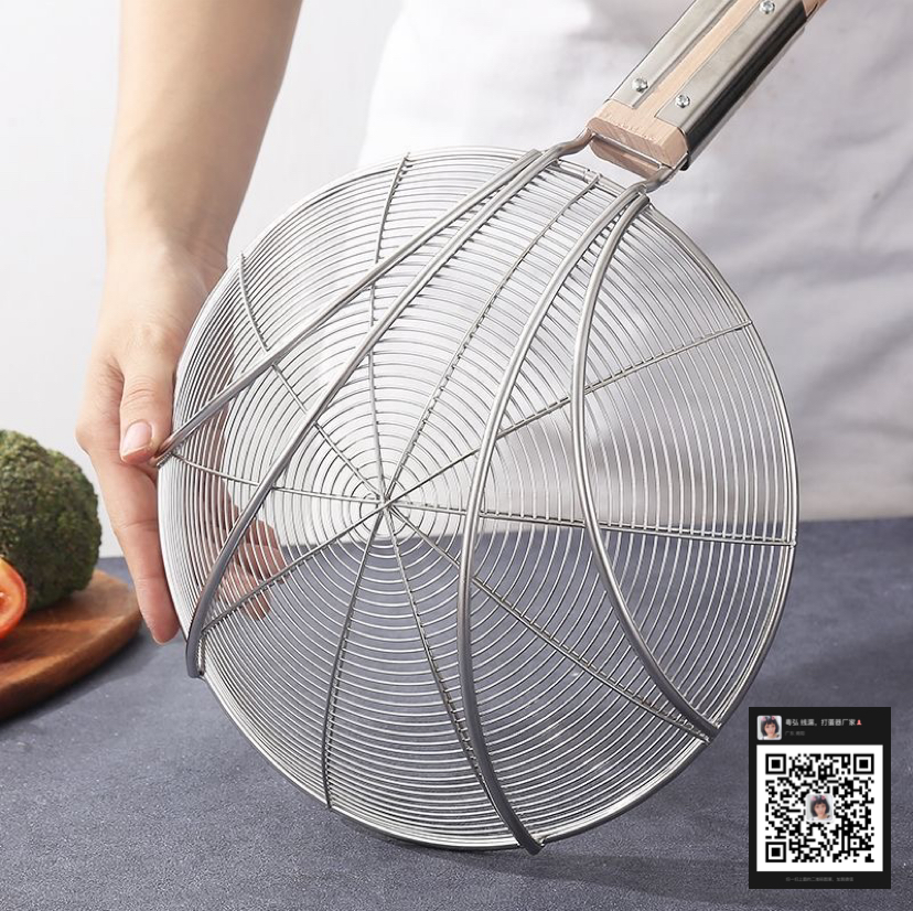 Stainless Steel Colander Strainer Fried Filter Net Large Noodles Strainer Dumplings Commercial Ultra-Fine Household Wooden Handle Strainer