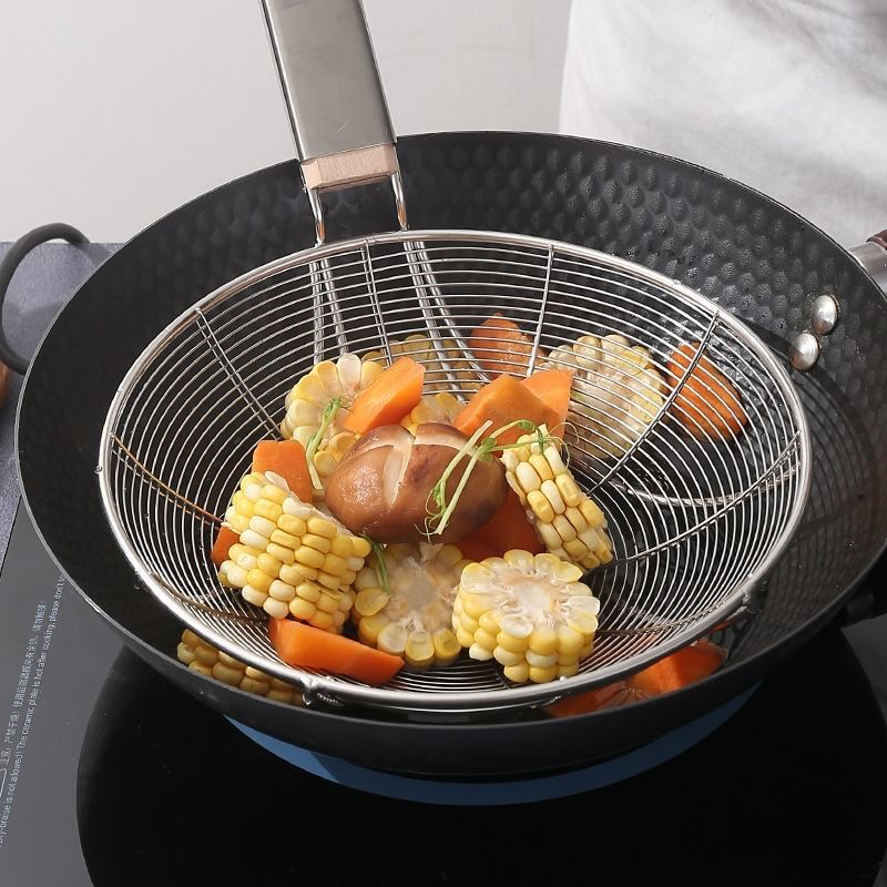 Stainless Steel Colander Strainer Fried Filter Net Large Noodles Strainer Dumplings Commercial Ultra-Fine Household Wooden Handle Strainer Stainless Steel Colander Strainer Fried Filter Net Large Noodles Strainer Dumplings Commercial Ultra-Fine Household Wooden Handle Strainer