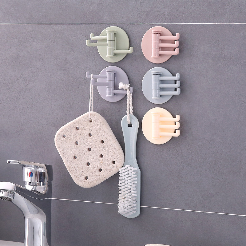 Nordic Color 3 Points Rotating Hook Strong Towel Rack Bathroom Wall-Mounted Shelf Punch-Free Seamless Sticky Hook