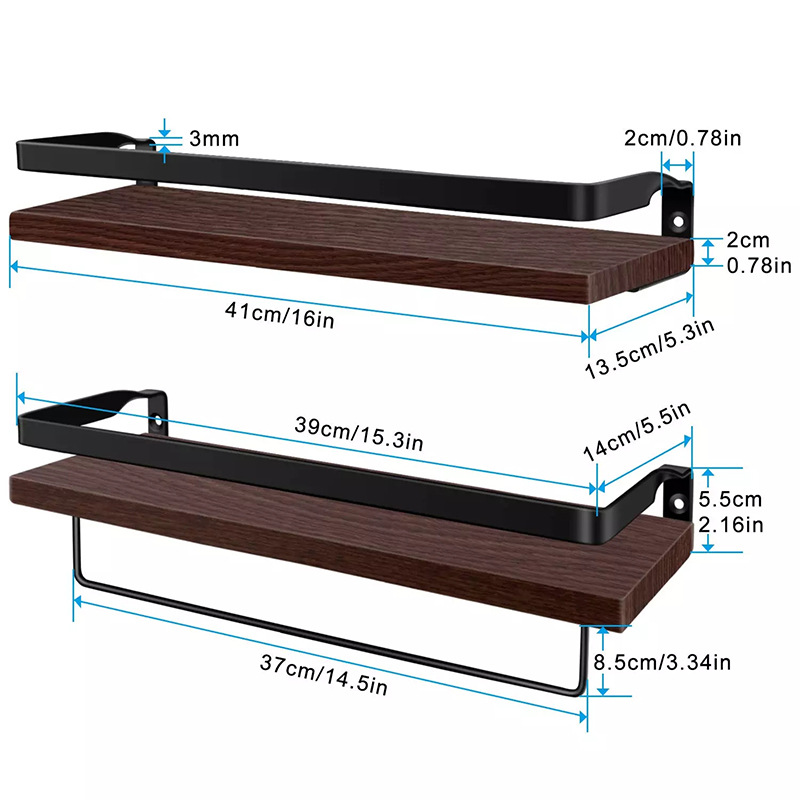Floating Shelf Wall Hanging 2-Piece Set Antique Solid Wood Shelf for Bathroom Decorative Storage Shelf with Towel Bar