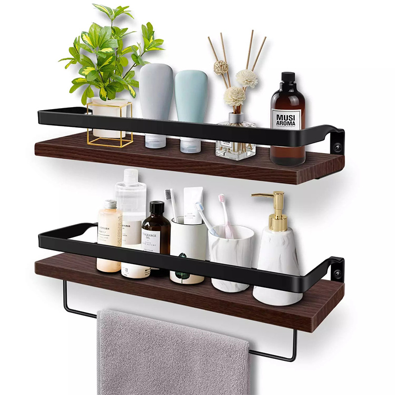 Floating Shelf Wall Hanging 2-Piece Set Antique Solid Wood Shelf for Bathroom Decorative Storage Shelf with Towel Bar