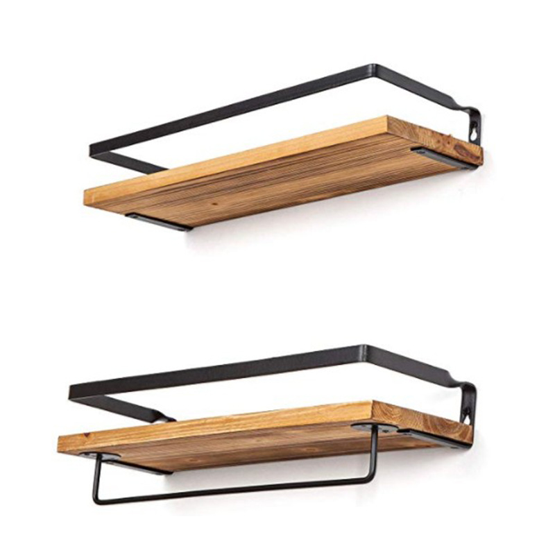 Floating Shelf Wall Hanging 2-Piece Set Antique Solid Wood Shelf for Bathroom Decorative Storage Shelf with Towel Bar