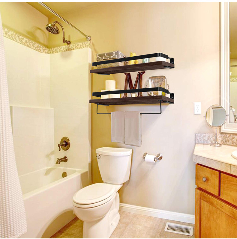 Floating Shelf Wall Hanging 2-Piece Set Antique Solid Wood Shelf for Bathroom Decorative Storage Shelf with Towel Bar Floating Shelf Wall Hanging 2-Piece Set Antique Solid Wood Shelf for Bathroom Decorative Storage Shelf with Towel Bar