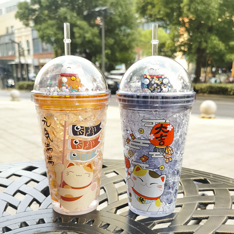 A Creative fashion summer fortune Cat straw cups Korean female students ice cup double drinking cups wholesale