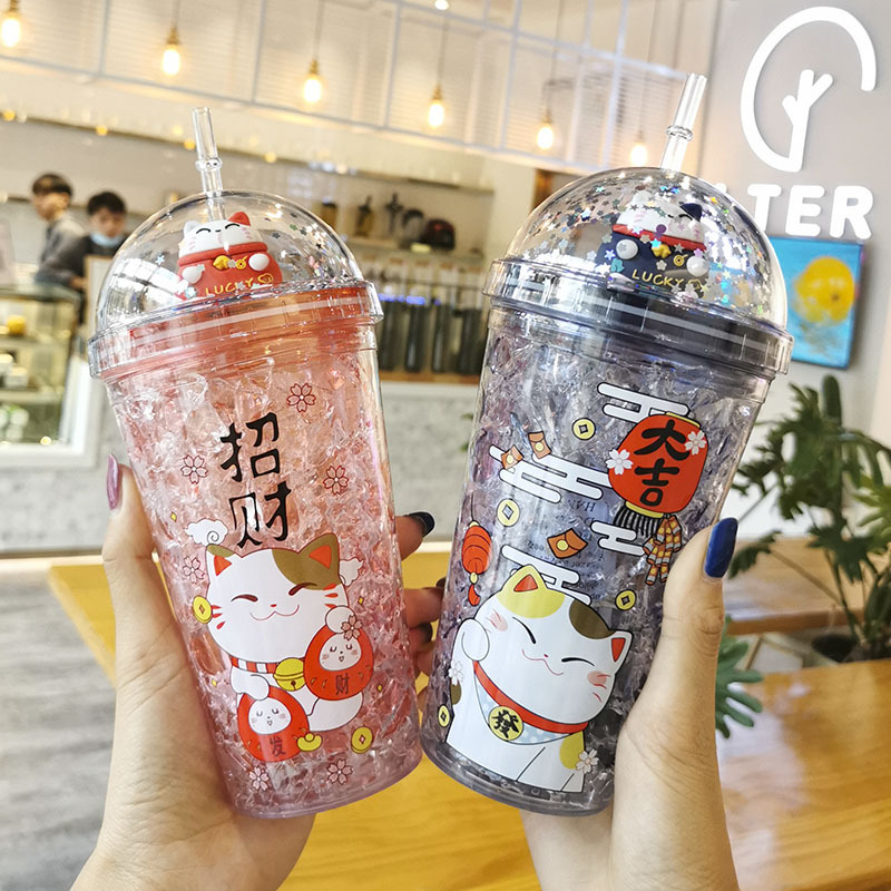 A Creative fashion summer fortune Cat straw cups Korean female students ice cup double drinking cups wholesale