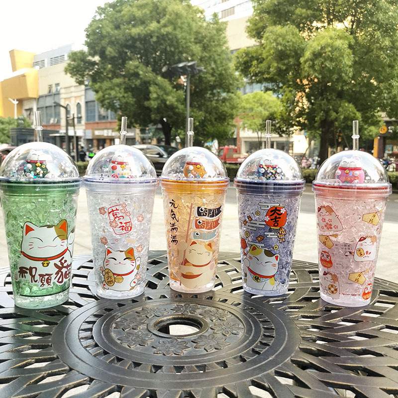 A Creative fashion summer fortune Cat straw cups Korean female students ice cup double drinking cups wholesale