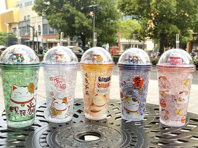 A Creative fashion summer fortune Cat straw cups Korean female students ice cup double drinking cups wholesale