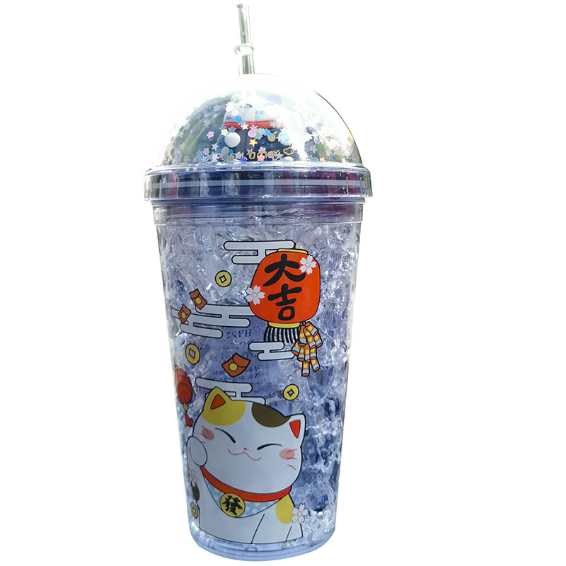 A Creative fashion summer fortune Cat straw cups Korean female students ice cup double drinking cups wholesale