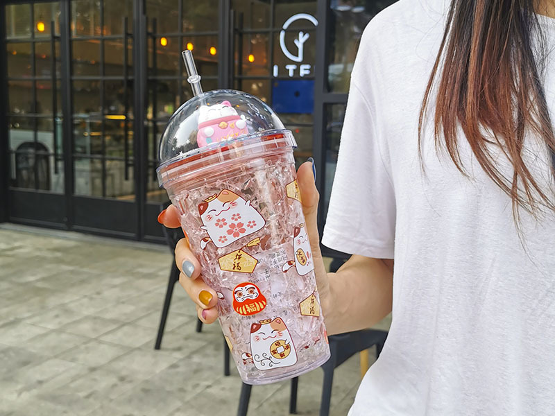 A Creative fashion summer fortune Cat straw cups Korean female students ice cup double drinking cups wholesale