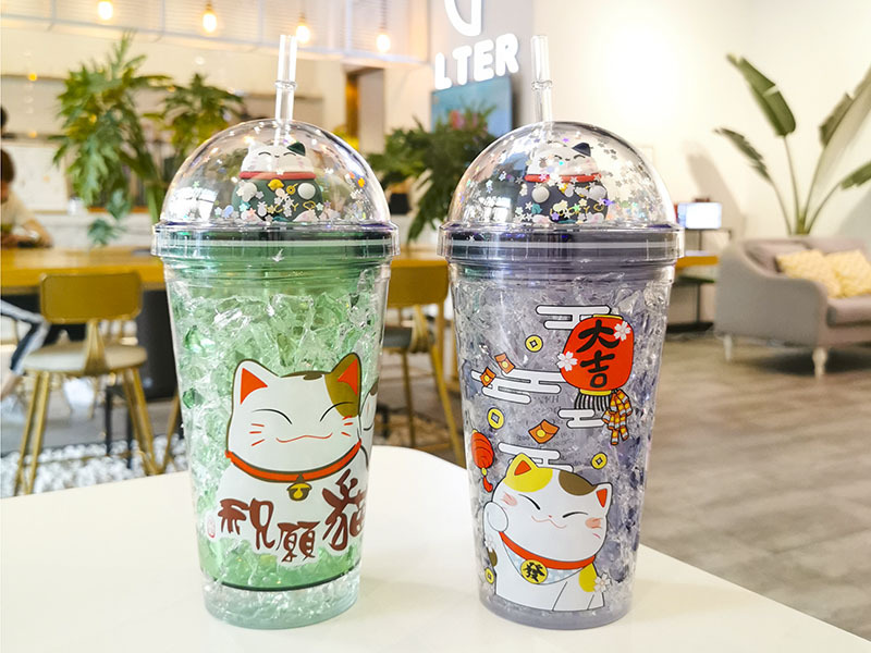 A Creative fashion summer fortune Cat straw cups Korean female students ice cup double drinking cups wholesale