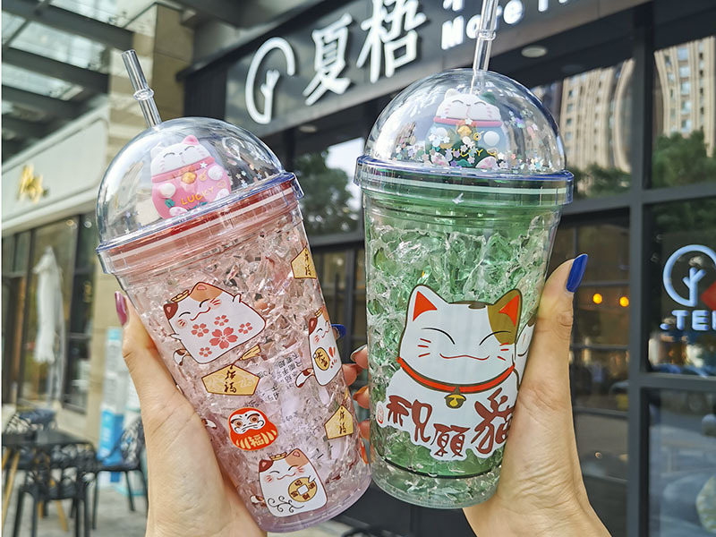 A Creative fashion summer fortune Cat straw cups Korean female students ice cup double drinking cups wholesale