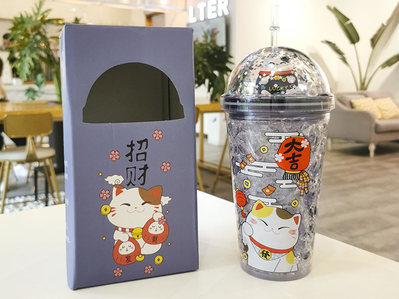 A Creative fashion summer fortune Cat straw cups Korean female students ice cup double drinking cups wholesale