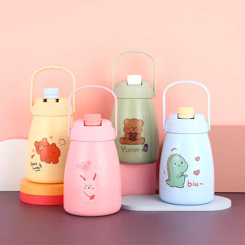 Large Capacity Double Drinking Cup Stainless Steel with Straw Insulation Water Bottle Female Drop-Resistant Good-looking Pot Belly Thermos Cup