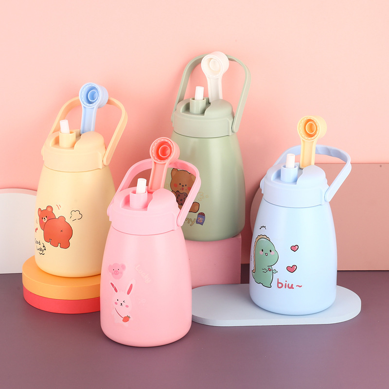 Large Capacity Double Drinking Cup Stainless Steel with Straw Insulation Water Bottle Female Drop-Resistant Good-looking Pot Belly Thermos Cup