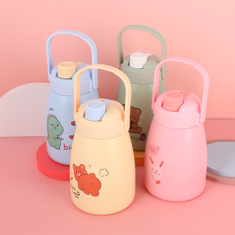 Large Capacity Double Drinking Cup Stainless Steel with Straw Insulation Water Bottle Female Drop-Resistant Good-looking Pot Belly Thermos Cup