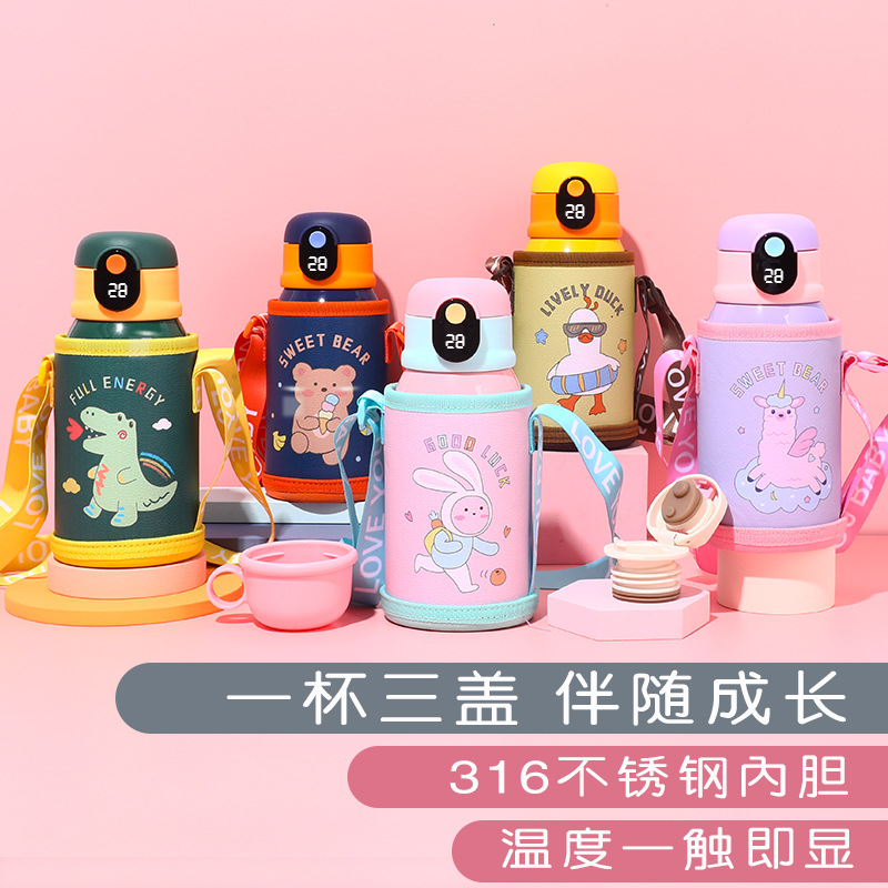 Temperature Display Children's Thermos Mug Cartoon Insulation Pot Student Strap 316 Stainless Steel Drinking Straw Cup