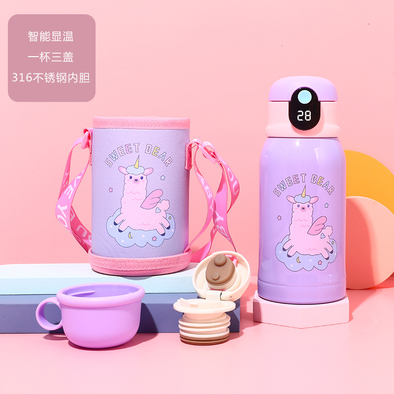 Temperature Display Children's Thermos Mug Cartoon Insulation Pot Student Strap 316 Stainless Steel Drinking Straw Cup