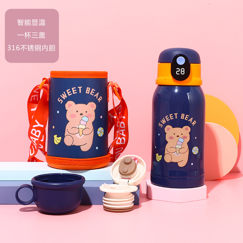 Temperature Display Children's Thermos Mug Cartoon Insulation Pot Student Strap 316 Stainless Steel Drinking Straw Cup