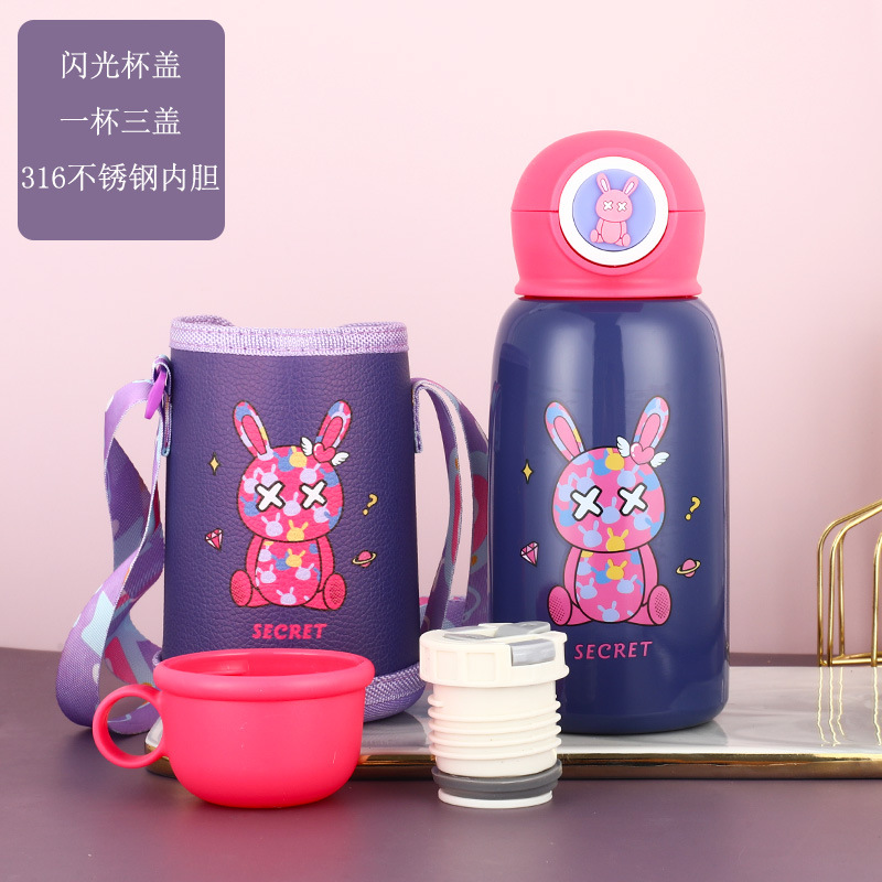Temperature Display Children's Thermos Mug Cartoon Insulation Pot Student Strap 316 Stainless Steel Drinking Straw Cup
