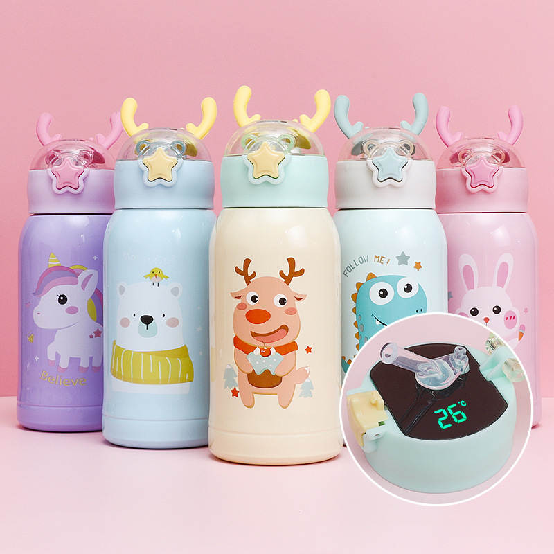 Temperature Display Children's Thermos Mug Cartoon Insulation Pot Student Strap 316 Stainless Steel Drinking Straw Cup