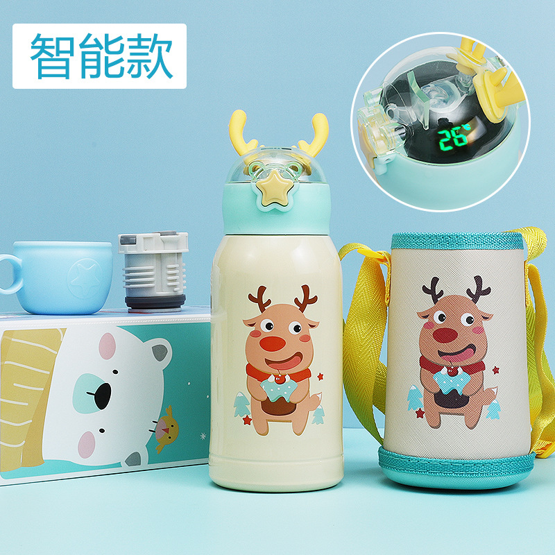 Temperature Display Children's Thermos Mug Cartoon Insulation Pot Student Strap 316 Stainless Steel Drinking Straw Cup