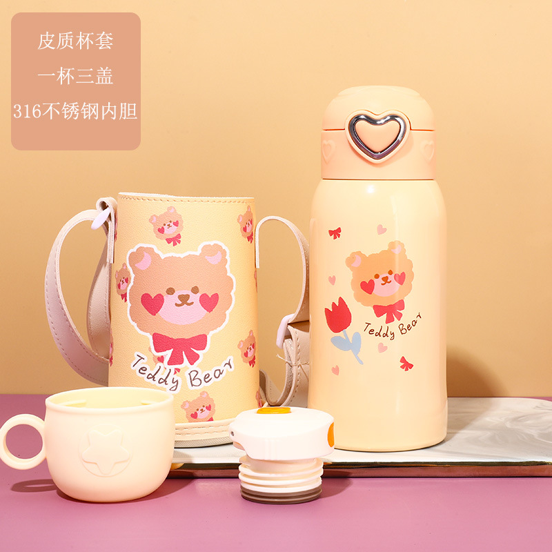 Temperature Display Children's Thermos Mug Cartoon Insulation Pot Student Strap 316 Stainless Steel Drinking Straw Cup