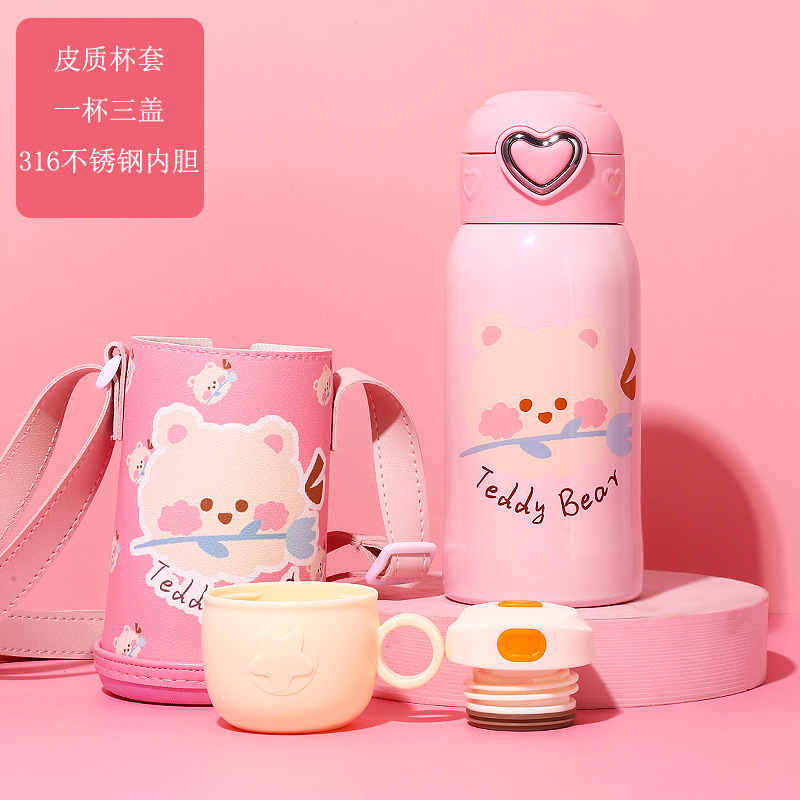 Temperature Display Children's Thermos Mug Cartoon Insulation Pot Student Strap 316 Stainless Steel Drinking Straw Cup