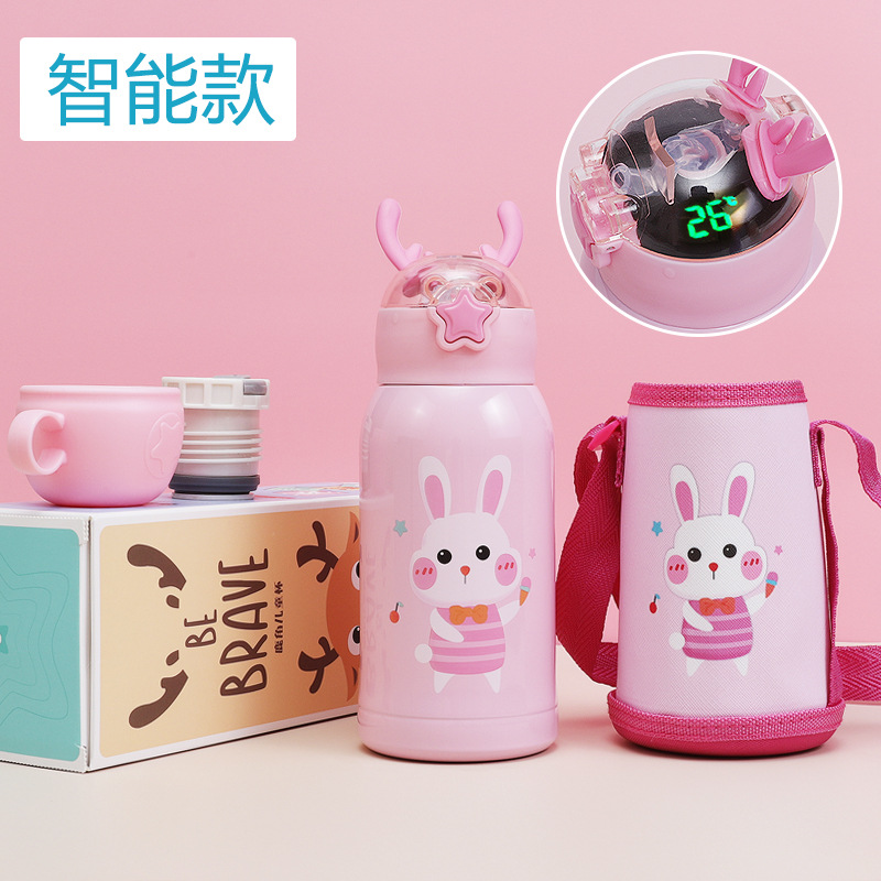 Temperature Display Children's Thermos Mug Cartoon Insulation Pot Student Strap 316 Stainless Steel Drinking Straw Cup