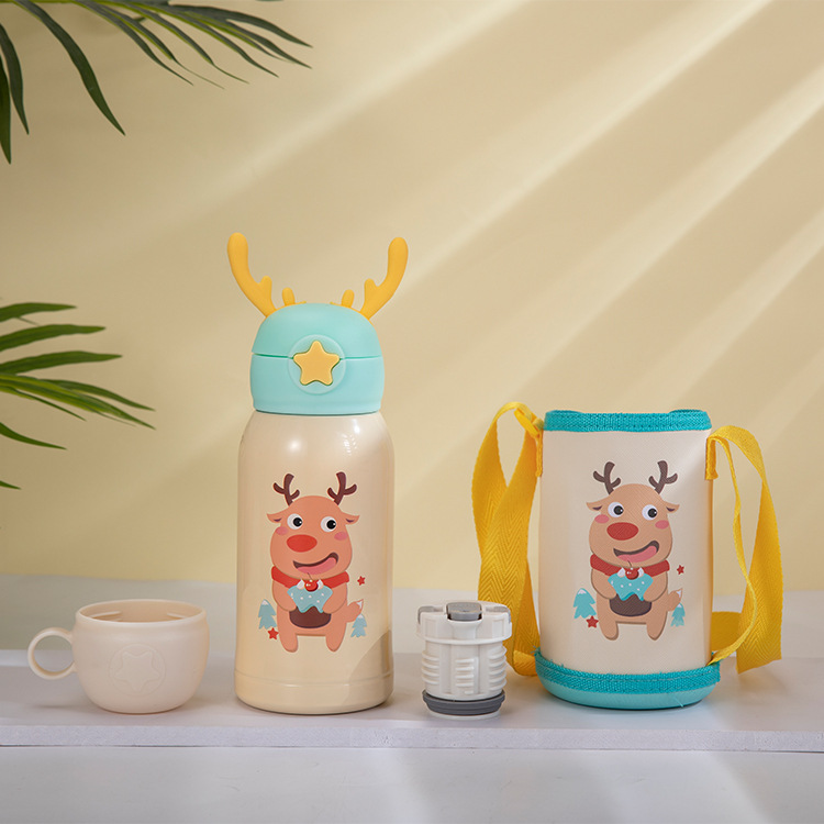Temperature Display Children's Thermos Mug Cartoon Insulation Pot Student Strap 316 Stainless Steel Drinking Straw Cup