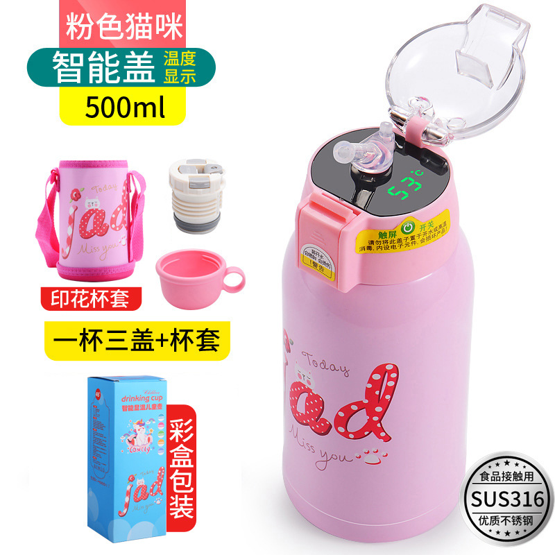 Temperature Display Children's Thermos Mug Cartoon Insulation Pot Student Strap 316 Stainless Steel Drinking Straw Cup