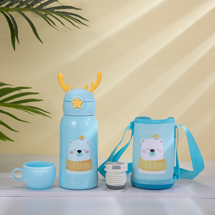 Temperature Display Children's Thermos Mug Cartoon Insulation Pot Student Strap 316 Stainless Steel Drinking Straw Cup