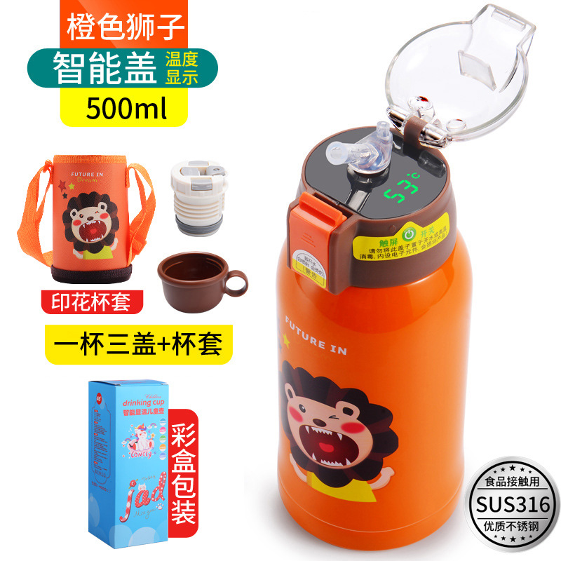 Temperature Display Children's Thermos Mug Cartoon Insulation Pot Student Strap 316 Stainless Steel Drinking Straw Cup