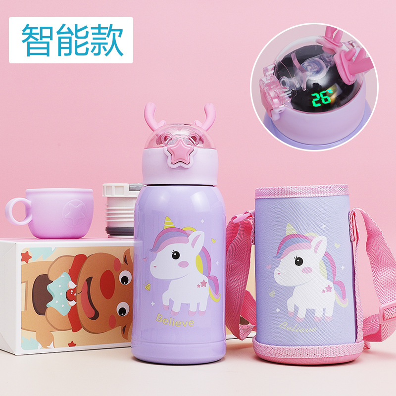 Temperature Display Children's Thermos Mug Cartoon Insulation Pot Student Strap 316 Stainless Steel Drinking Straw Cup