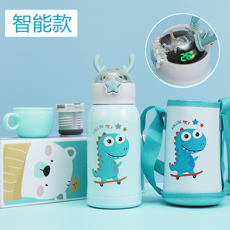 Temperature Display Children's Thermos Mug Cartoon Insulation Pot Student Strap 316 Stainless Steel Drinking Straw Cup