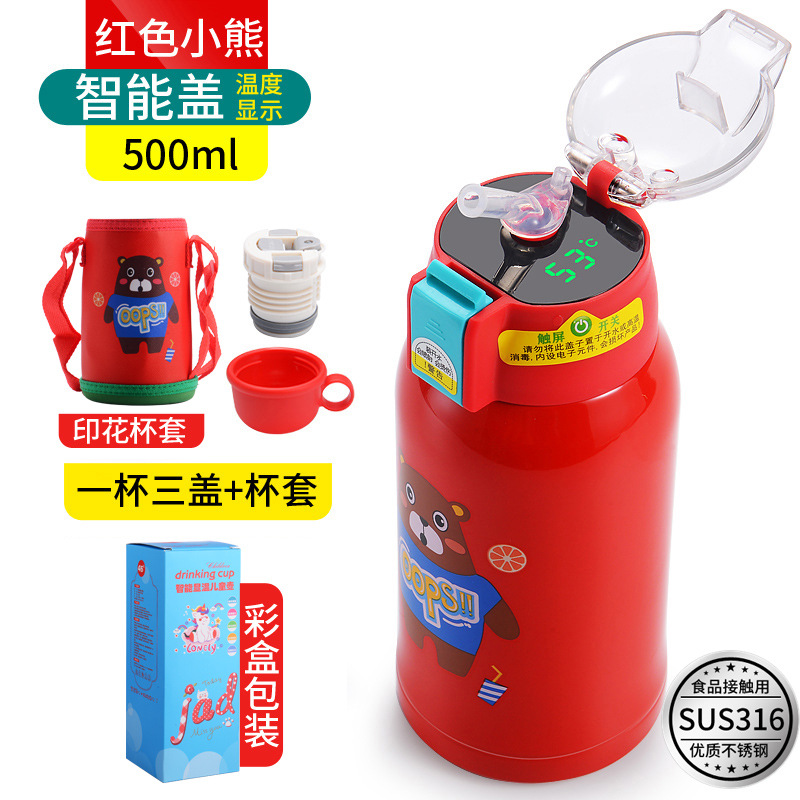 Temperature Display Children's Thermos Mug Cartoon Insulation Pot Student Strap 316 Stainless Steel Drinking Straw Cup