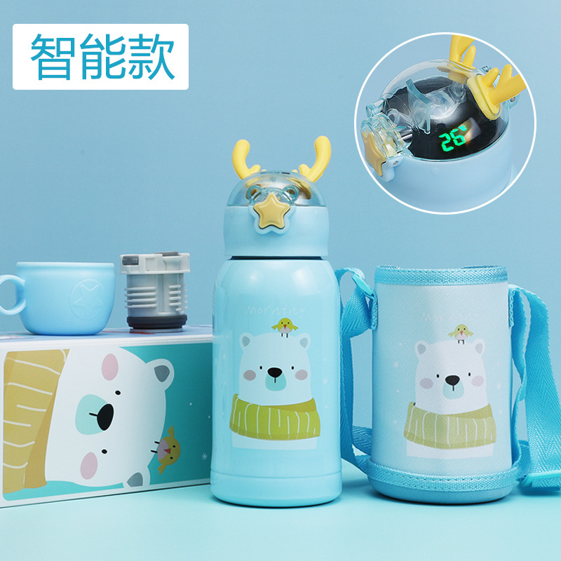 Temperature Display Children's Thermos Mug Cartoon Insulation Pot Student Strap 316 Stainless Steel Drinking Straw Cup