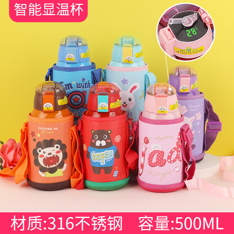 Temperature Display Children's Thermos Mug Cartoon Insulation Pot Student Strap 316 Stainless Steel Drinking Straw Cup