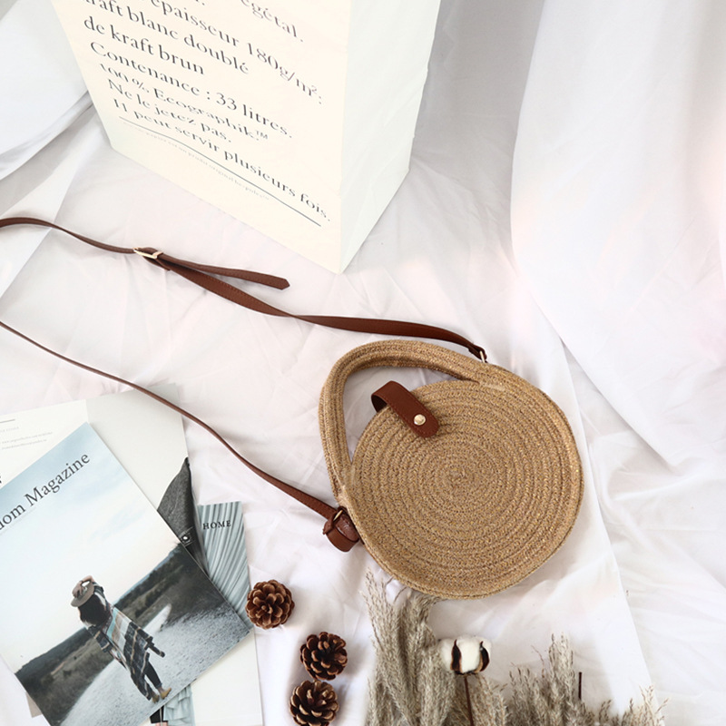 Portable Crossbody Bag Hemp Rope Bag round Cake Bag round Bag Rattan Woven Bag Straw Woven Bag Chanel Style Vacation Bag Concave Shape