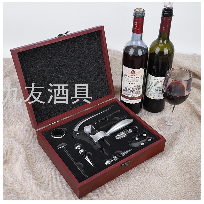 Household Wooden Box Rabbit Head Wine Corkscrew 9-Piece Wine Set Gift Set Rabbit Ear Wine Bottle Opener 9 Pieces