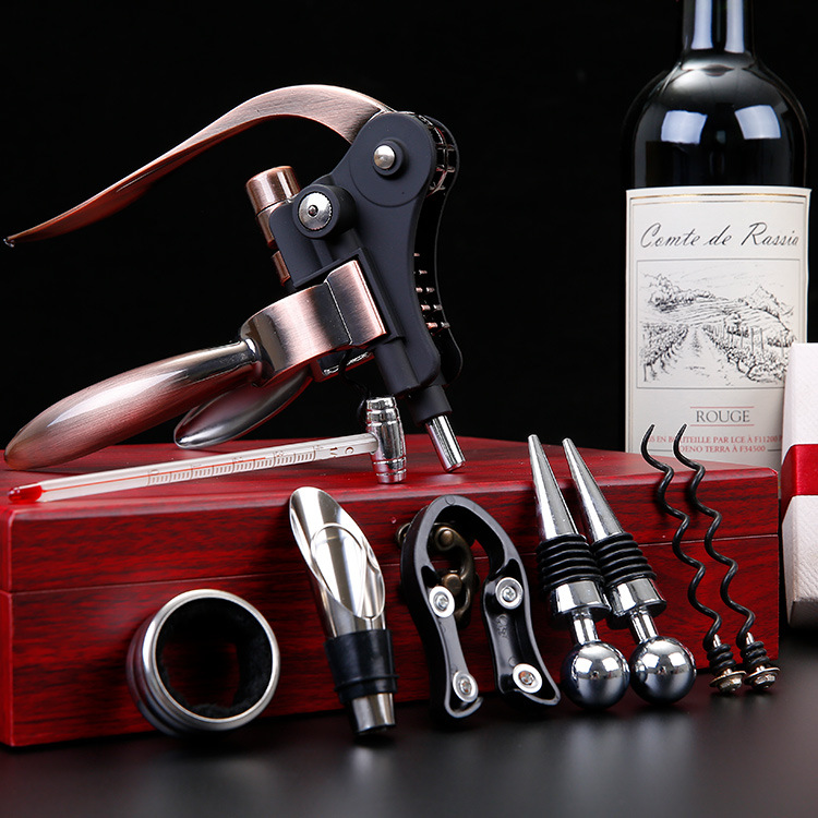 Factory Spot Direct Sales Wine Bottle Opener Kit Gift Box Leather Box Wooden Box Nine-Piece Set Wooden Box Rabbit-Shaped Wine Set