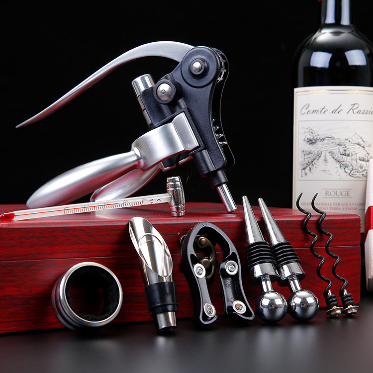 Factory Spot Direct Sales Wine Bottle Opener Kit Gift Box Leather Box Wooden Box Nine-Piece Set Wooden Box Rabbit-Shaped Wine Set