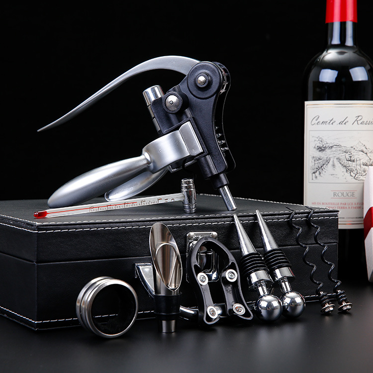 Factory Spot Direct Sales Wine Bottle Opener Kit Gift Box Leather Box Wooden Box Nine-Piece Set Wooden Box Rabbit-Shaped Wine Set