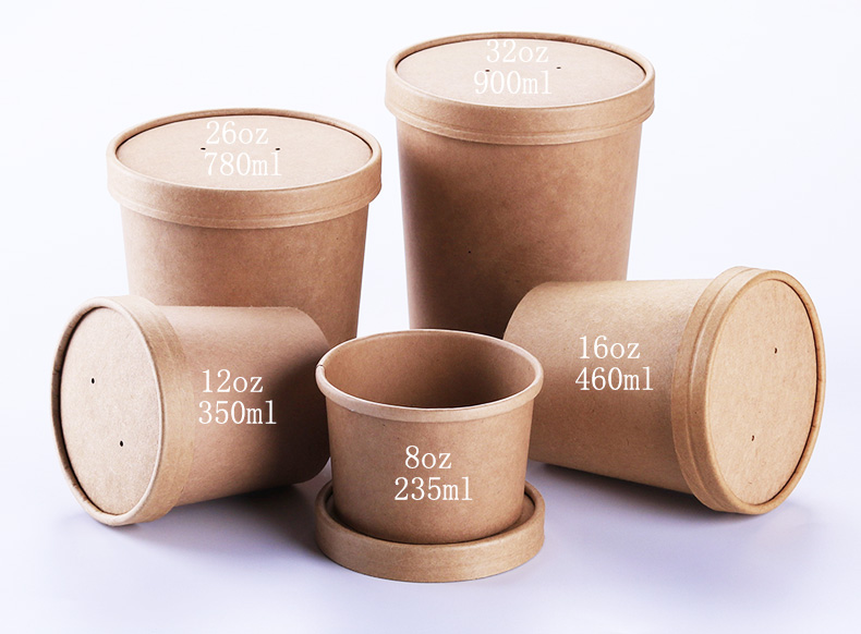 Disposable Kraft Paper Soup Bowl Porringer Take out Take Away Porridge Cup round Lunch Box with Lid