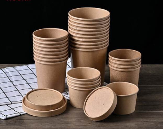 Disposable brown paper porridge bowl porridge bucket take-away dessert doggie box with lid paper bowl soup cup soup bowl