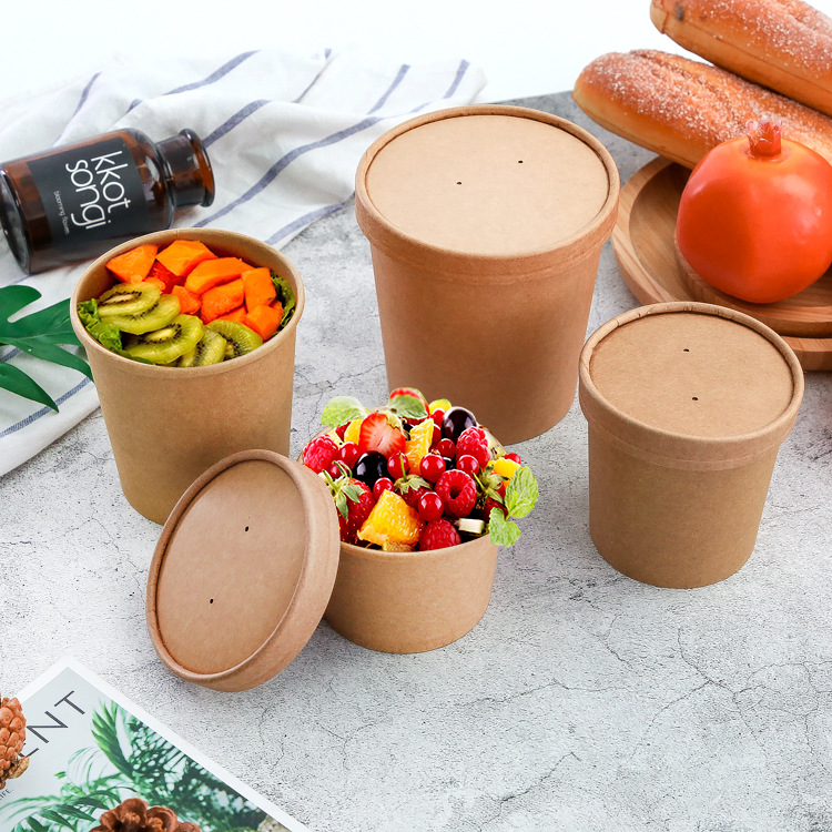 Thickened Disposable Porridge Bucket Kraft Paper Soup Bucket Soup Cups Customized Paper Bowl with Lid Take out Take Away Soup Bowl Porridge Cup