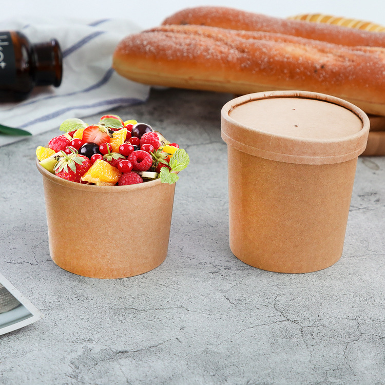 Thickened Disposable Porridge Bucket Kraft Paper Soup Bucket Soup Cups Customized Paper Bowl with Lid Take out Take Away Soup Bowl Porridge Cup