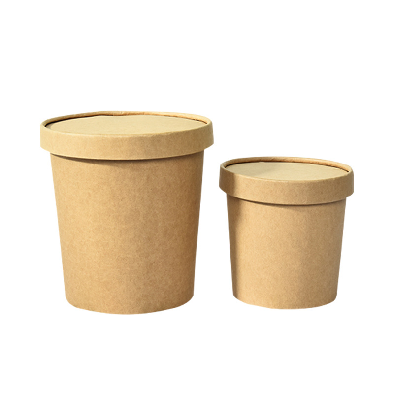 Disposable Lunch Box Takeaway Packing Box round Cowhide Paper Soup Cup Paper Soup Bowl with Lid Hot and Sour Rice Noodles Customized Wholesale