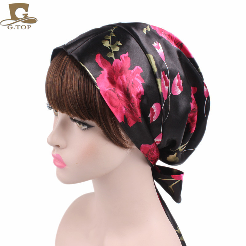 Women&#039;s Satin Print Ribbon Bowknot Tam-O&#039;-Shanter Nightcap Silk Pile Cap Long Tail Woven Hat