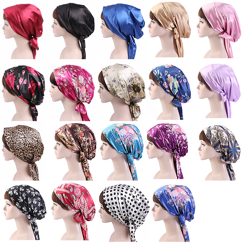 Women's Satin Print Ribbon Bowknot Tam-O'-Shanter Nightcap Silk Pile Cap Long Tail Woven Hat Women's Satin Print Ribbon Bowknot Tam-O'-Shanter Nightcap Silk Pile Cap Long Tail Woven Hat