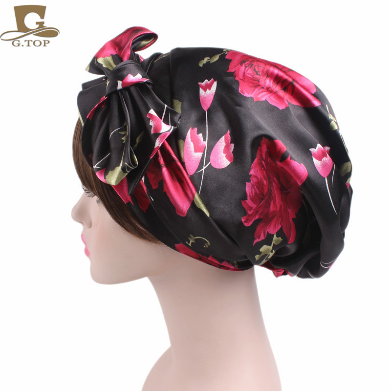 Women's Satin Print Ribbon Bowknot Tam-O'-Shanter Nightcap Silk Pile Cap Long Tail Woven Hat Women's Satin Print Ribbon Bowknot Tam-O'-Shanter Nightcap Silk Pile Cap Long Tail Woven Hat